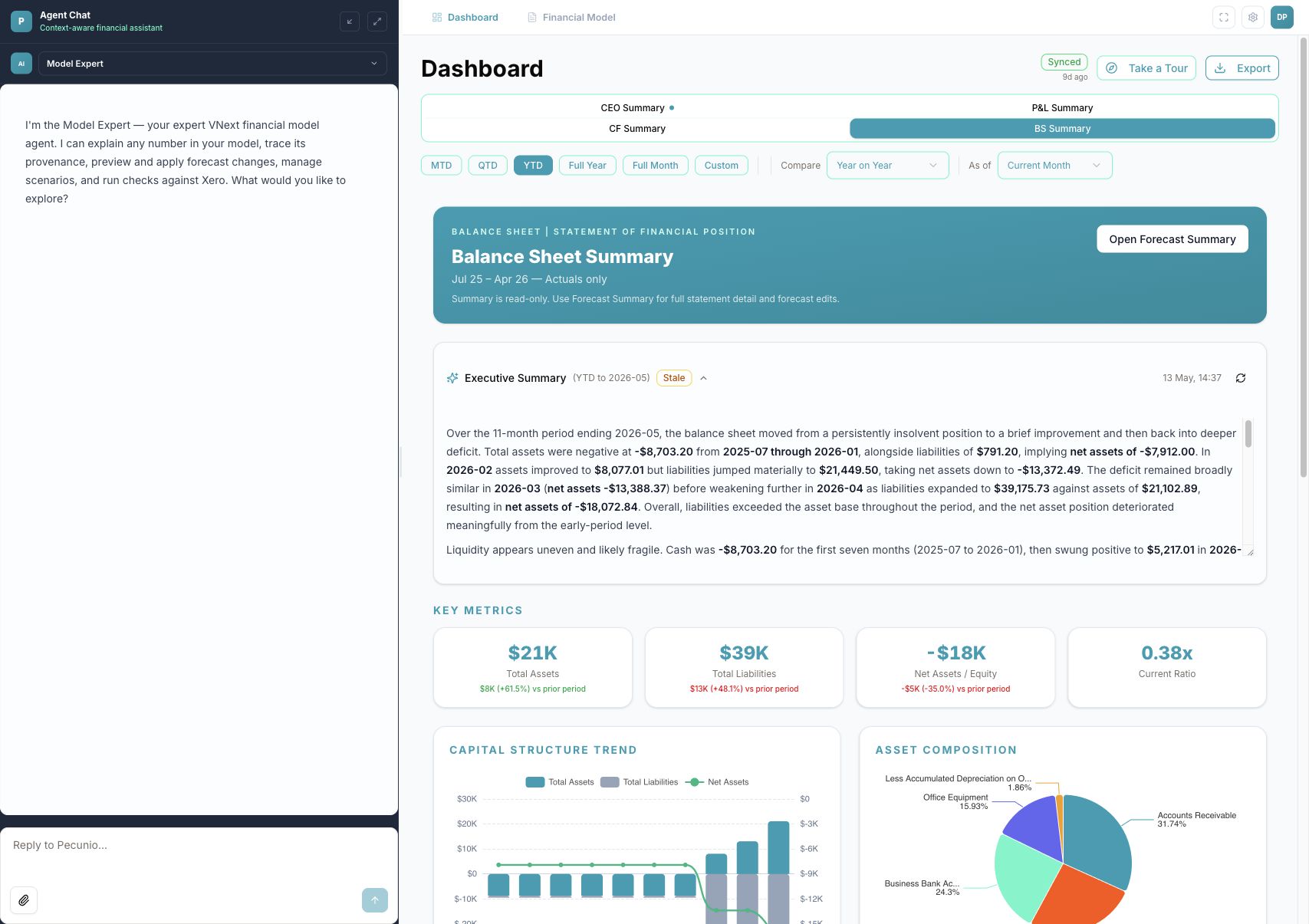 Pecunio CEO dashboard with executive financial summary tabs