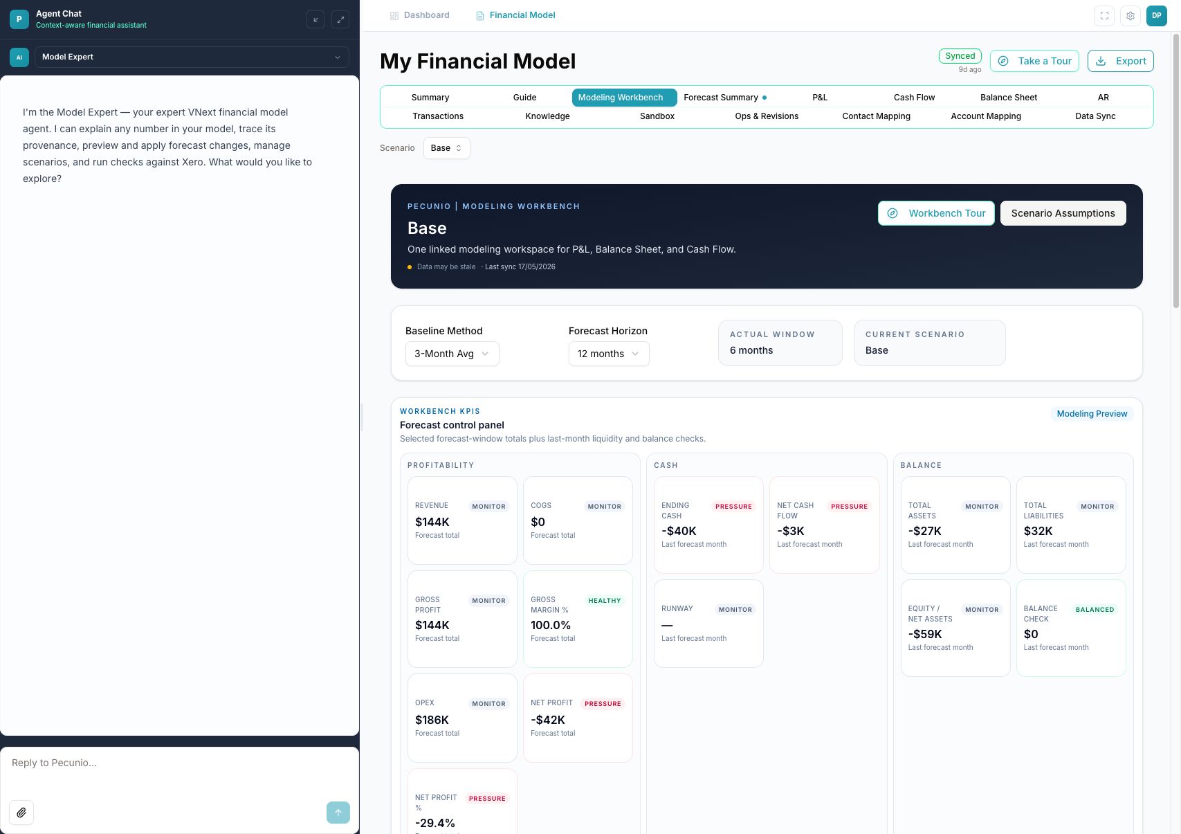 Pecunio forecasting workbench with financial model controls