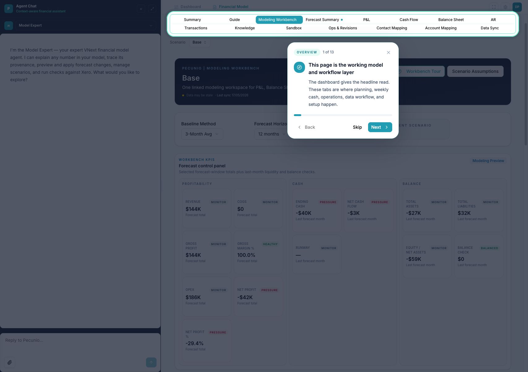 Pecunio workbench guided tour overlay